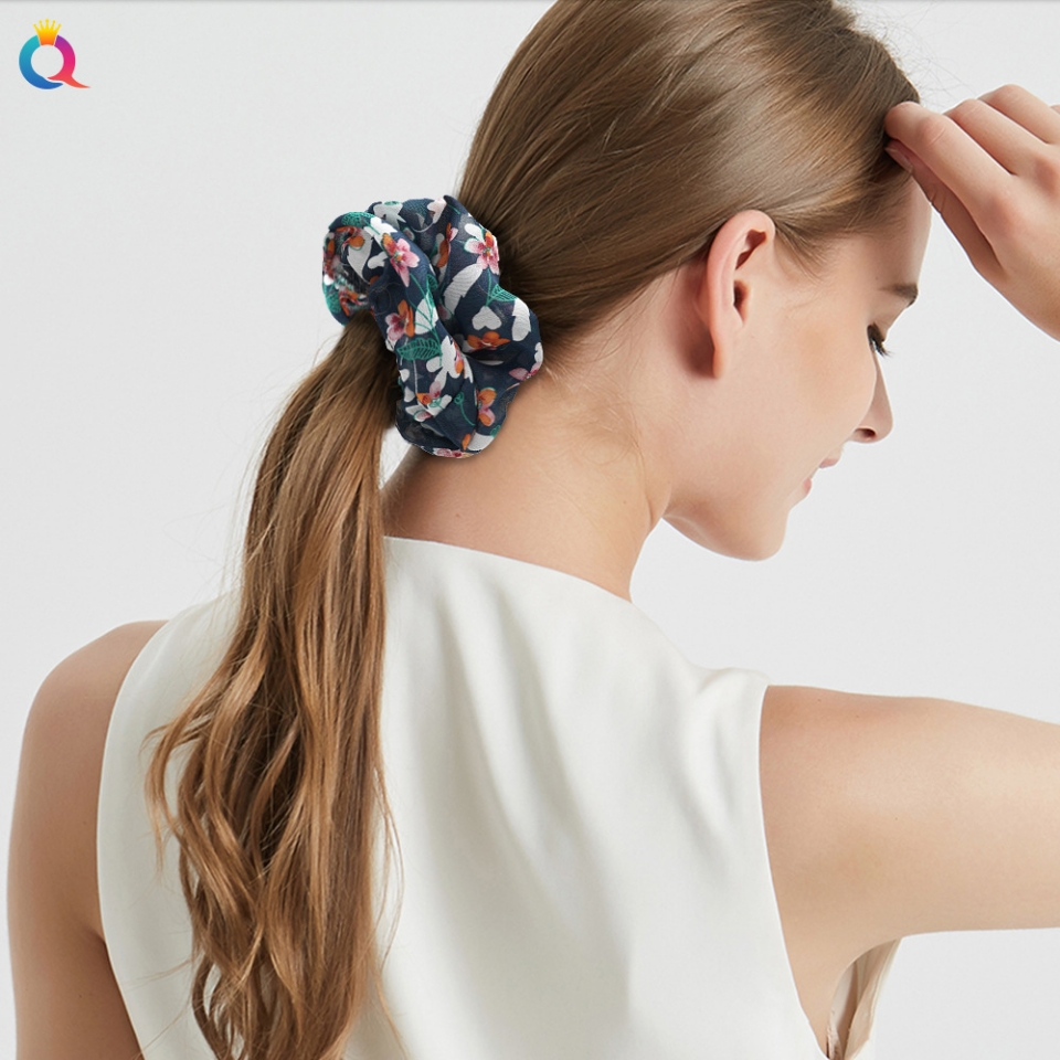 Qiyue Cross-border European and American Large Intestine Ring, chiffon floral fabric large intestine hair ring, ponytail tie, hair accessory and hair tie details Picture