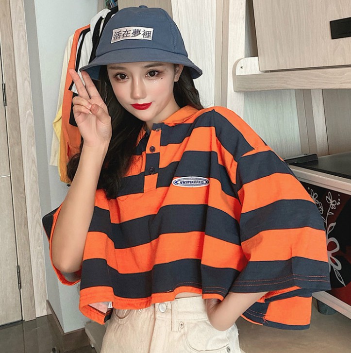 Real photos of Japanese-style retro polo shirts for women in summer, short-sleeved loose Hong Kong-style half-sleeved T-shirts, and summer tops Item Picture