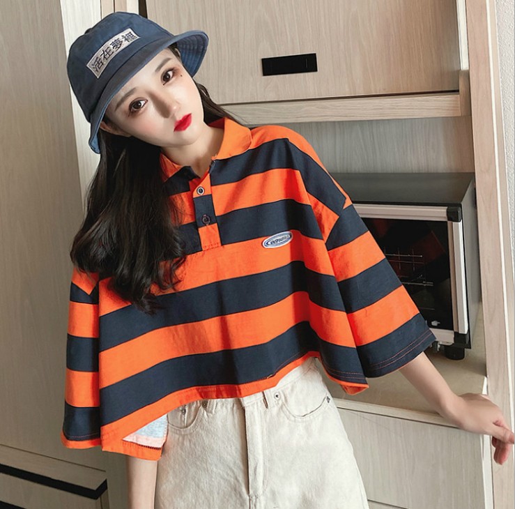 Real photos of Japanese-style retro polo shirts for women in summer, short-sleeved loose Hong Kong-style half-sleeved T-shirts, and summer tops details Picture
