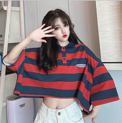 Real photos of Japanese-style retro polo shirts for women in summer, short-sleeved loose Hong Kong-style half-sleeved T-shirts, and summer tops
