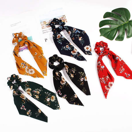 Qiyue Europe and America's new Spring and summer cross-border ponytail, ribbon, large intestine circle, hair band, knot, square scarf, tassel, large intestine hair band details Picture