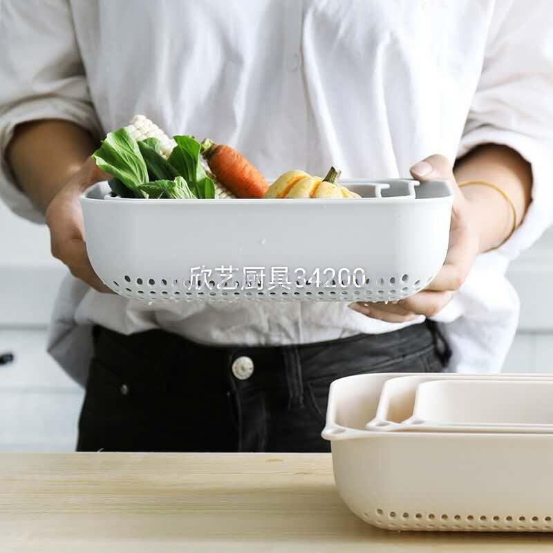 A three-piece set of rectangular kitchen fruit and vegetable storage baskets and draining baskets details Picture