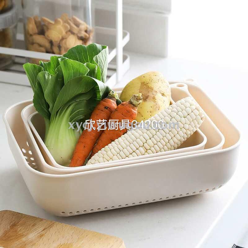 A three-piece set of rectangular kitchen fruit and vegetable storage baskets and draining baskets Specification image