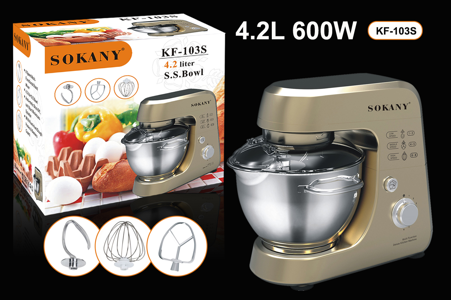 sokany stainless steel dough mixer, fully automatic multi-functional stirring rod, egg beater, dough kneading rod, 4.2L dough mixer