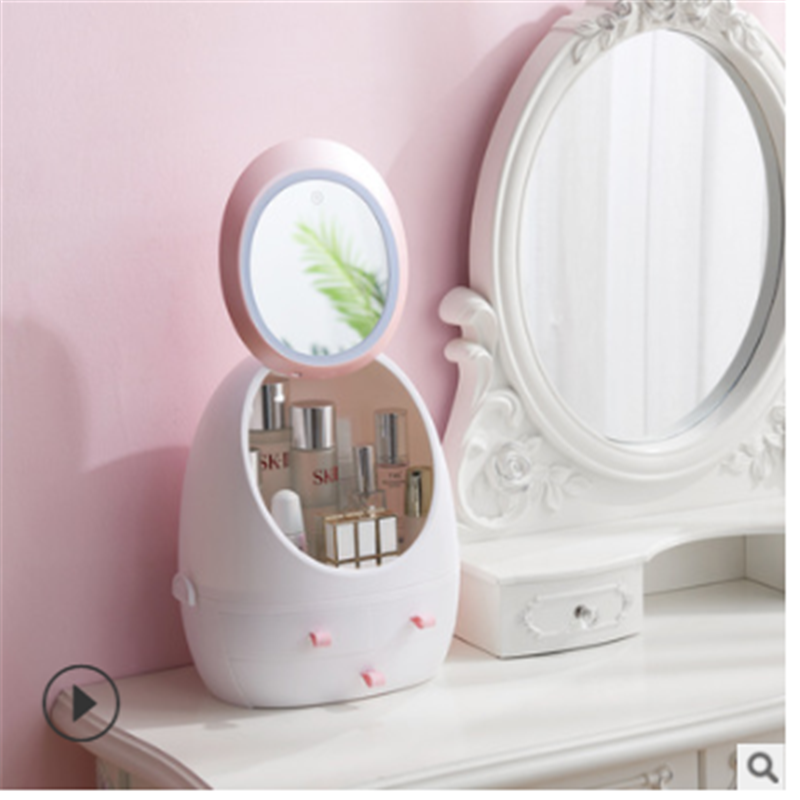 多功能带灯创意化妆品收纳盒简约时尚多色圆形便捷收纳盒