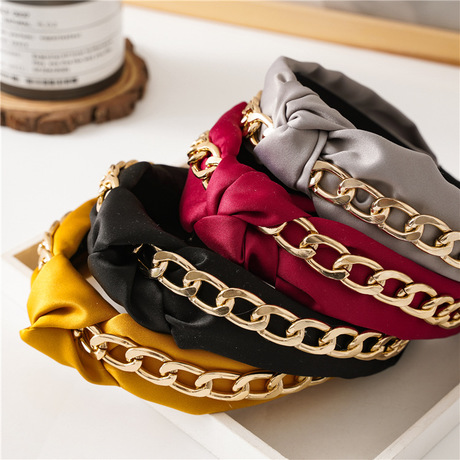 The new Spring and summer cross-border bestseller of the three-state headwear color butyl fabric chain knot headband, a wide fabric edge headband details Picture