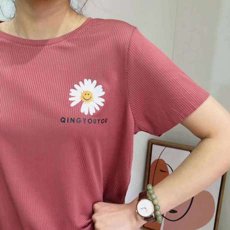 Short-sleeved ice silk home wear, Daisy print casual and fashionable set, home outerwear pajama set
