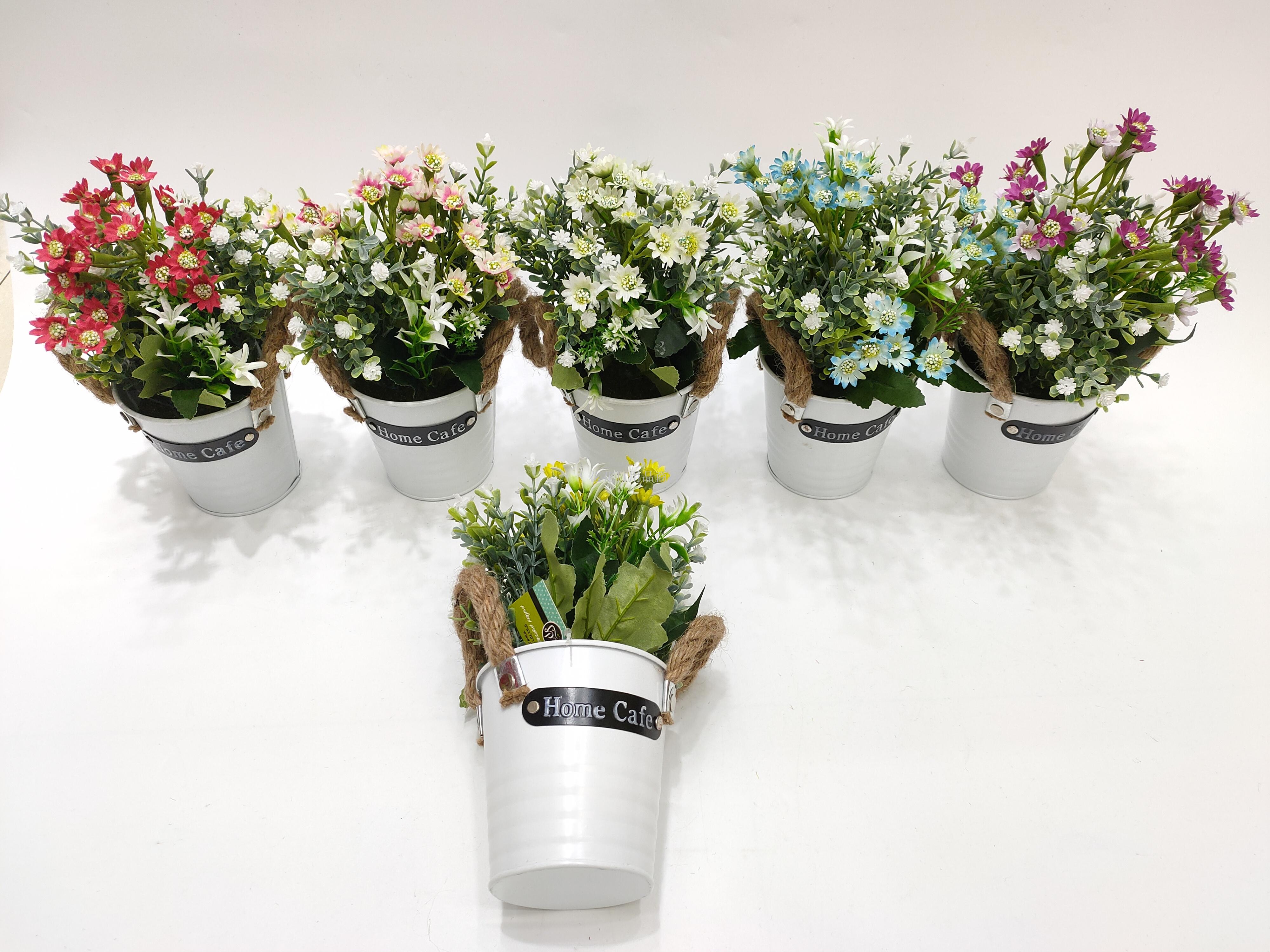 新款铁皮绒布玫瑰铁皮桶仿真盆栽植物小盆景套装假花工艺品摆件