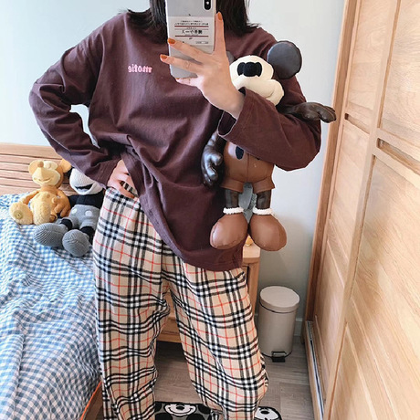 MOTIE's new autumn and winter long-sleeved home wear without genuine stickers, color-blocking and versatile pajamas for women who don't go out for a long time details Picture