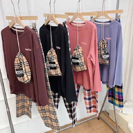 MOTIE's new autumn and winter long-sleeved home wear without genuine stickers, color-blocking and versatile pajamas for women who don't go out for a long time