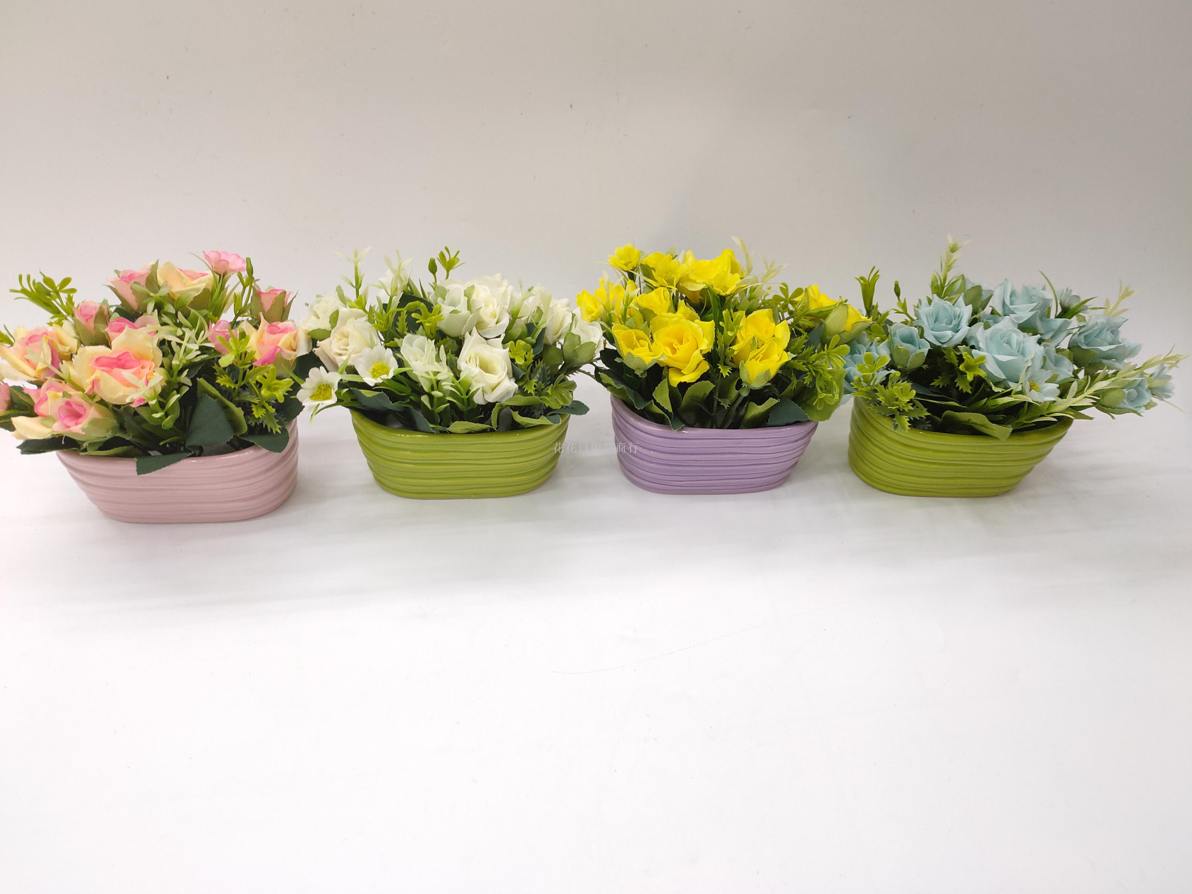 新款陶瓷彩色盆玫瑰花仿真花盆景客厅北欧风装饰品