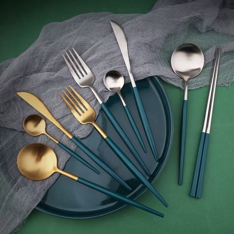 304 stainless steel western tableware Portuguese knife and fork spoon Set Matte steak knife and fork Nordic emerald gold thumbnail