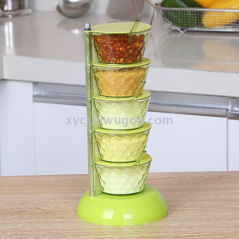Rotatable vertical circular seasoning box with spoon, five-layer crystal rotating seasoning box material, seasoning jar details Picture