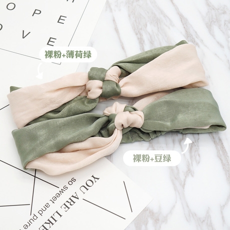Wholesale of creative two-color splicing hair accessories, cross hair bands, retro satin hair bands, Chinese knots, and colorful headwear Specification drawing