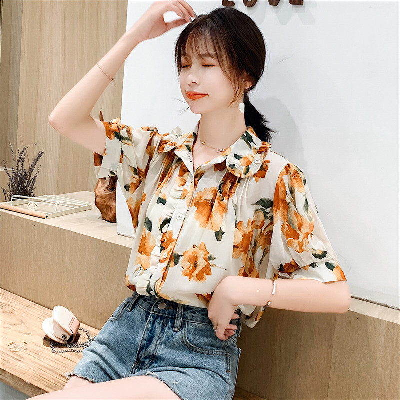 2020夏季新款短袖上衣女韩版碎花雪纺衫百搭气质衬衫