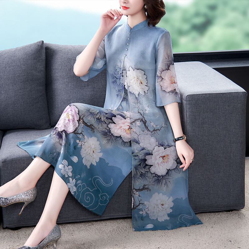 True silk imitation dress 2020 Spring/Summer new style stand-up collar retro mid-sleeved mulberry silk mid-length dress plus-size mom's dress Item Picture
