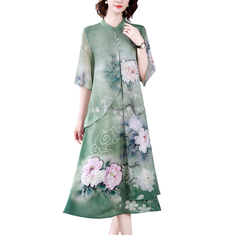 True silk imitation dress 2020 Spring/Summer new style stand-up collar retro mid-sleeved mulberry silk mid-length dress plus-size mom's dress Application Scenario