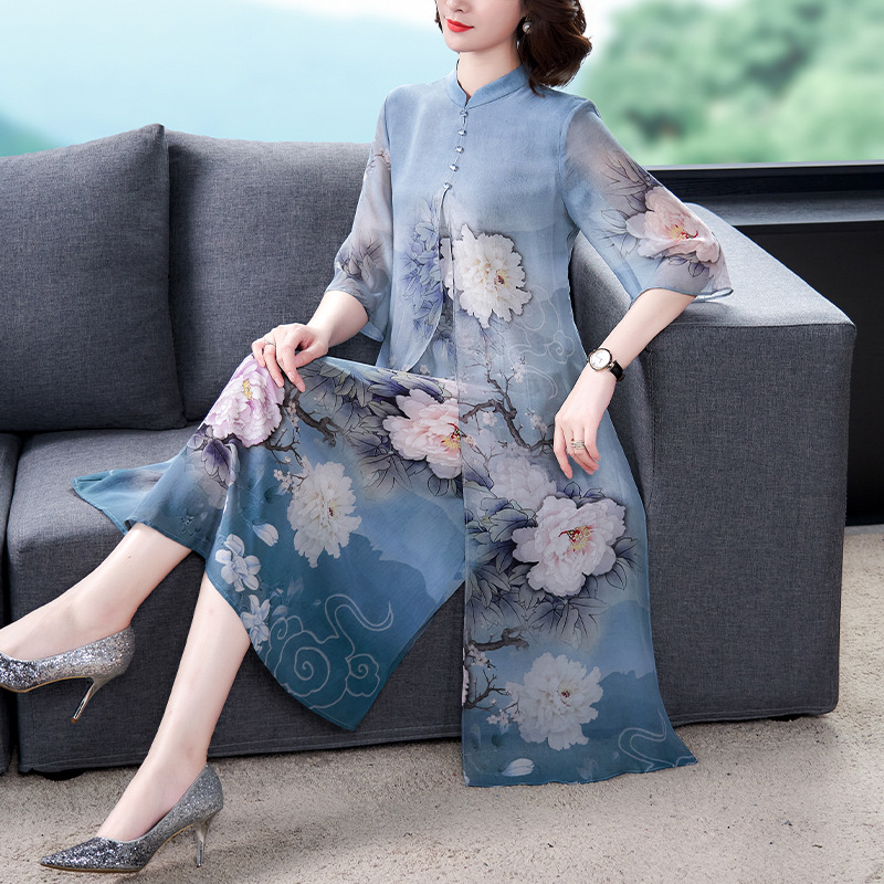 True silk imitation dress 2020 Spring/Summer new style stand-up collar retro mid-sleeved mulberry silk mid-length dress plus-size mom's dress Specification image