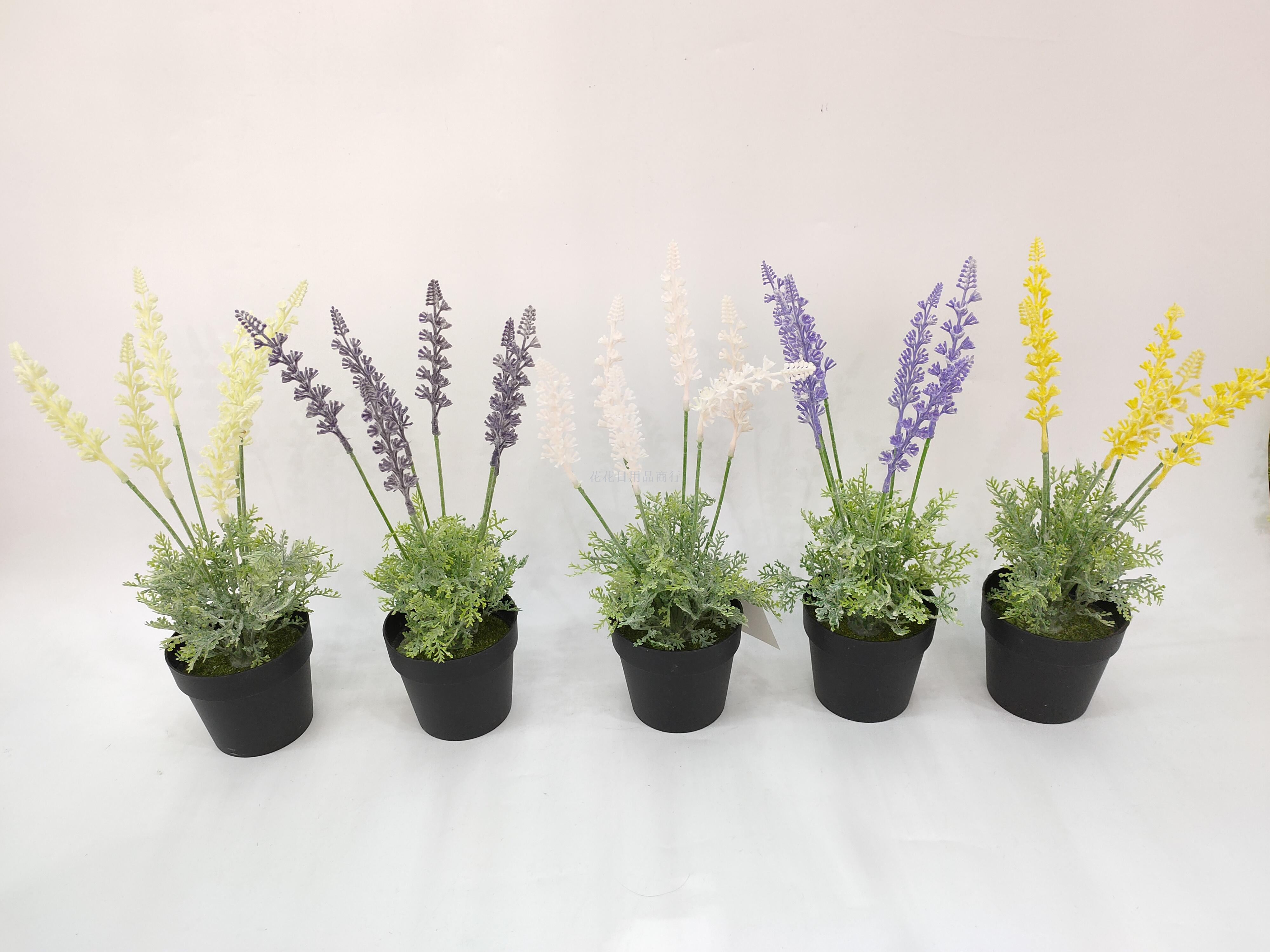新款黑色盆薰衣草办公室假花盆景办公室塑料花欧式风格花艺