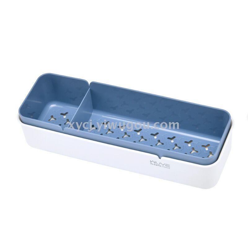 Wall-mounted, compartmentalized and draining cosmetic and bathroom product storage and organization rack without drilling holes Application Scenario