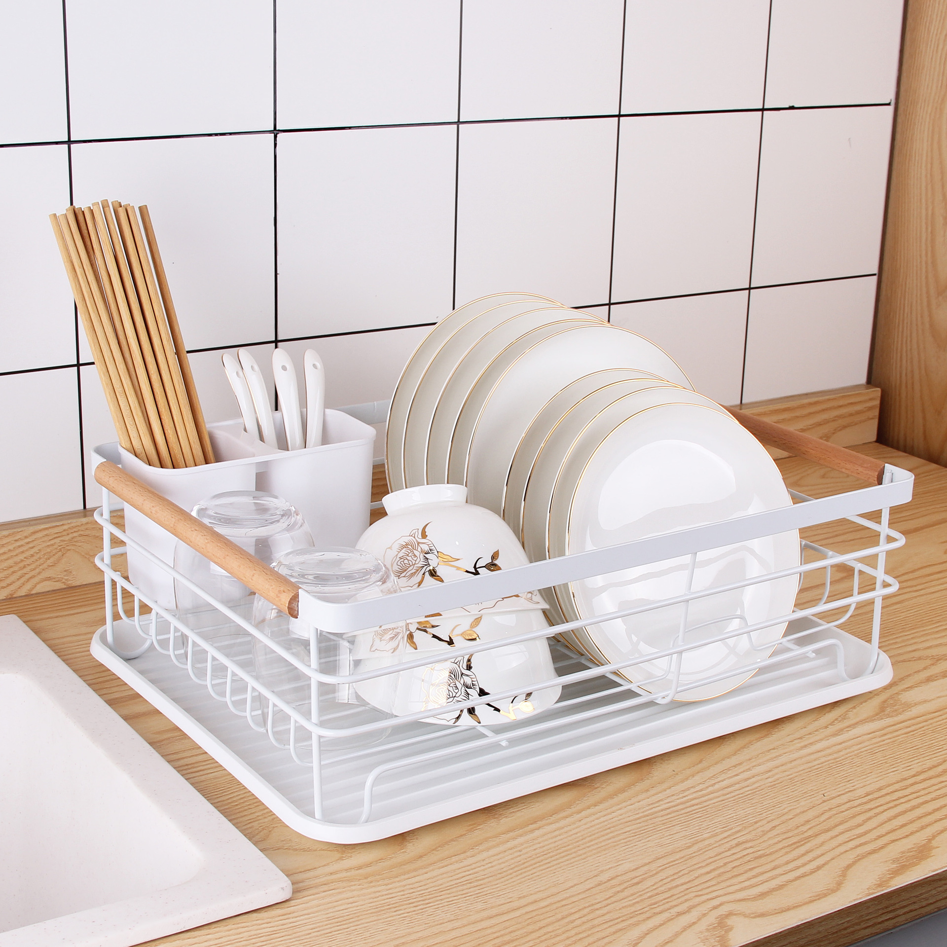 Japanese-style iron tableware storage bowl rack, multi-functional kitchen storage rack, large-capacity draining bowl rack details Picture