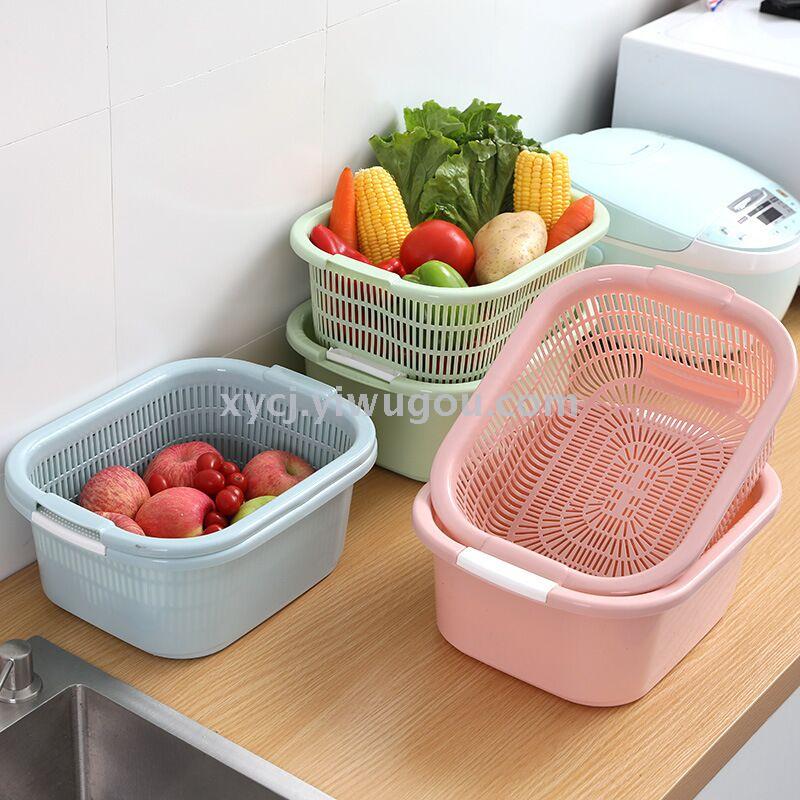 A rectangular double-layer draining vegetable basket with clips details Picture