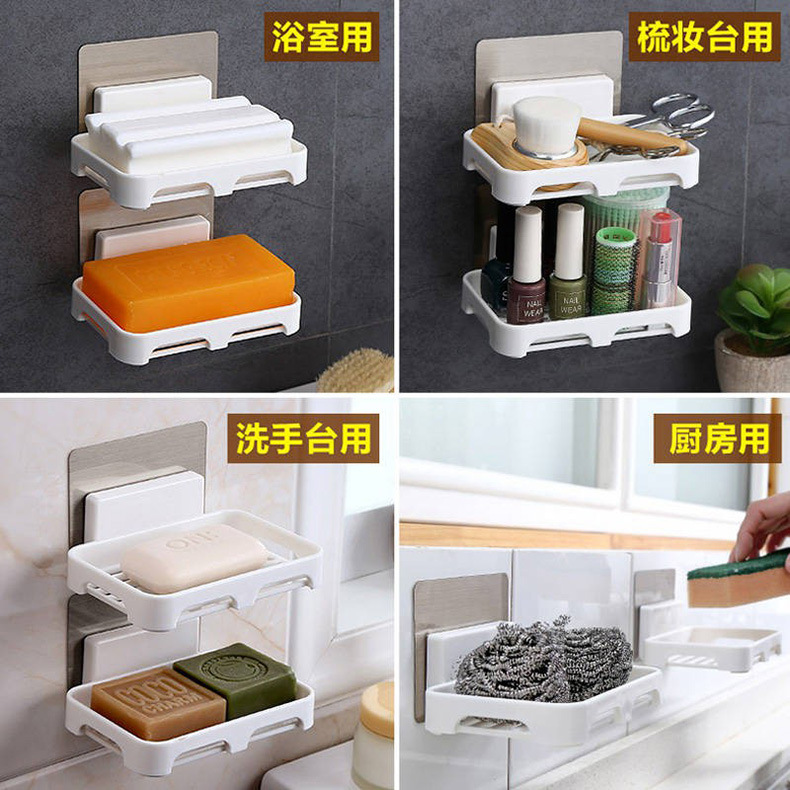 Creative double-layer soap box, wall-mounted, no-drilling, traceless, bathroom household soap box, draining soap box, soap stand details Picture