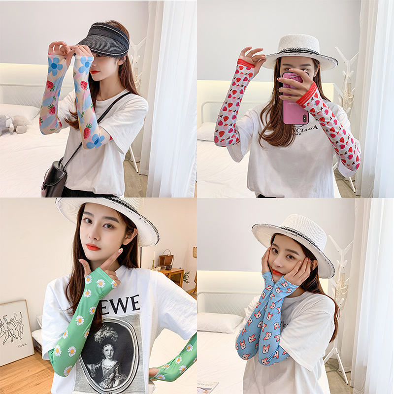 泫雅夏季冰丝防晒手臂袖套小雏菊网红冰袖防紫外线骑行卡通护臂