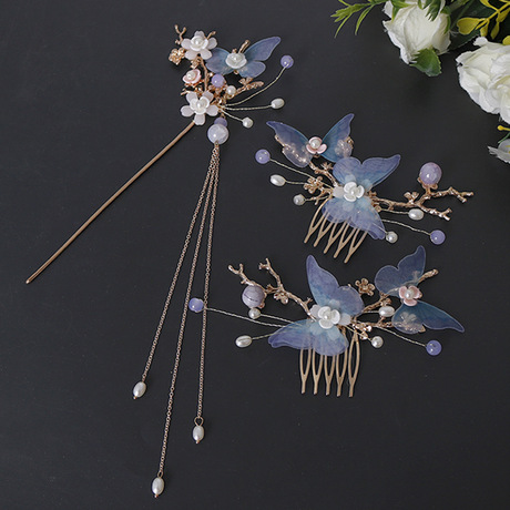 Hanfu headwear, women's ancient costume, tassel, ancient style, super ethereal silk gauze, butterfly hairpins, hair combs, complete set of hair accessories and accessories, national trend series details Picture