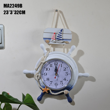 木制舵手挂钟 地中海风格 创意家居 海洋系列蓝白舵钟 MA2249