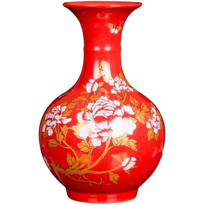 红色陶瓷花瓶牡丹荷花莲花供佛观音瓶寺庙拜祭净水瓶结婚装饰瓶