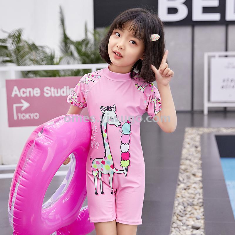 Giraffe girls one-piece long sleeve pink fawn girls with a hat hot spring bathing suit