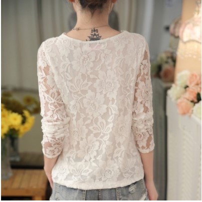 Real shot lace top, long-sleeved, slimming 2019 spring collection new women's V-neck hollowed-out smock base layer, trendy Specification image