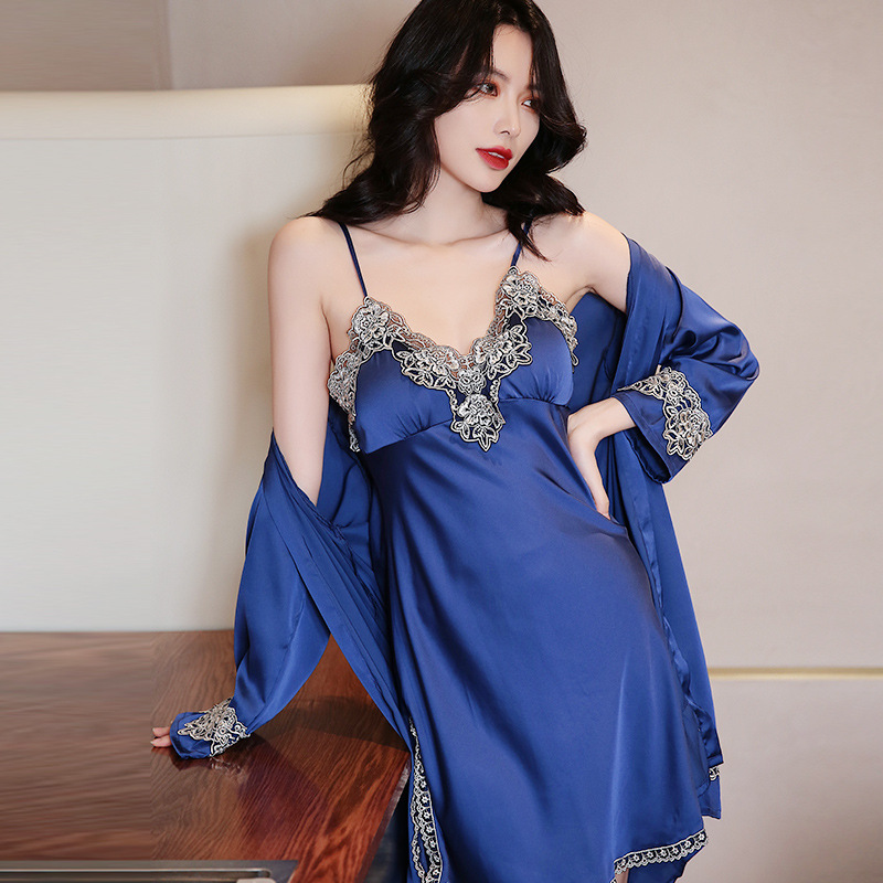 睡衣女两件套夏仿真丝性感蕾丝吊带冰丝薄款2020款睡袍丝绸家居服