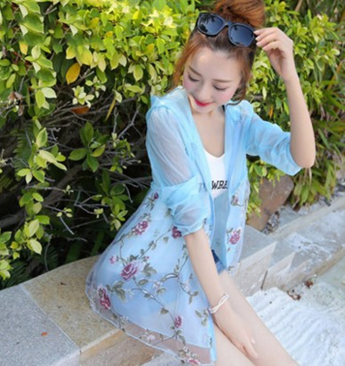 New women's summer sun-protective clothing, printed sun-protective clothing, breathable, thin hooded, waist-cinching, mid-length, plus-size coat