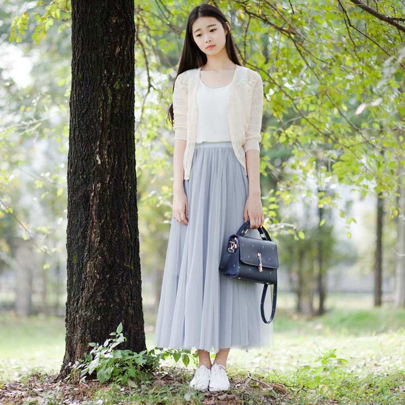 2020 Spring Silk gauze half skirt, women's long skirt, fairy gauze skirt, large swing skirt, Korean high-waisted A-line skirt, sweet