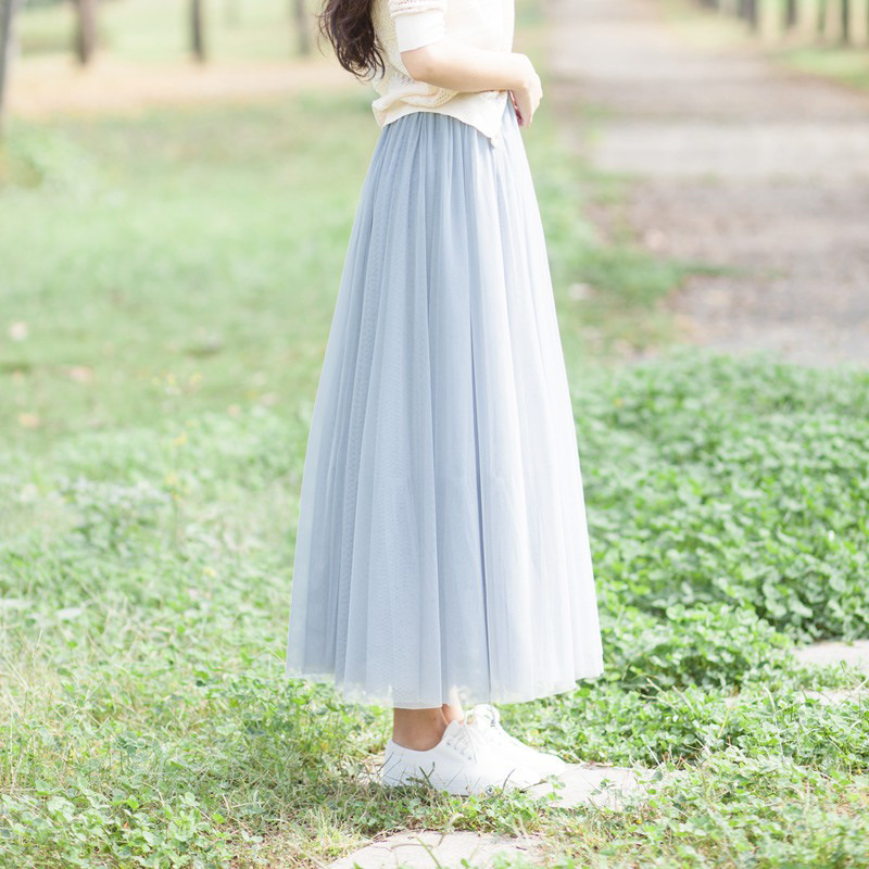 2020 Spring Silk gauze half skirt, women's long skirt, fairy gauze skirt, large swing skirt, Korean high-waisted A-line skirt, sweet details Picture