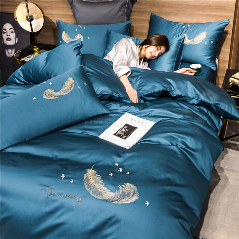 新品40s喷气贡缎全棉刺绣四件套 亲肤舒适纯色羽毛系列套件-羽