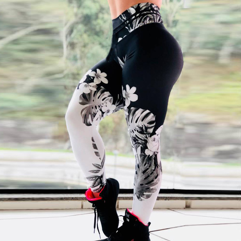 Ebay Amazon Wish ink-wash flower digital print slimming high-waisted yoga pants leggings details Picture