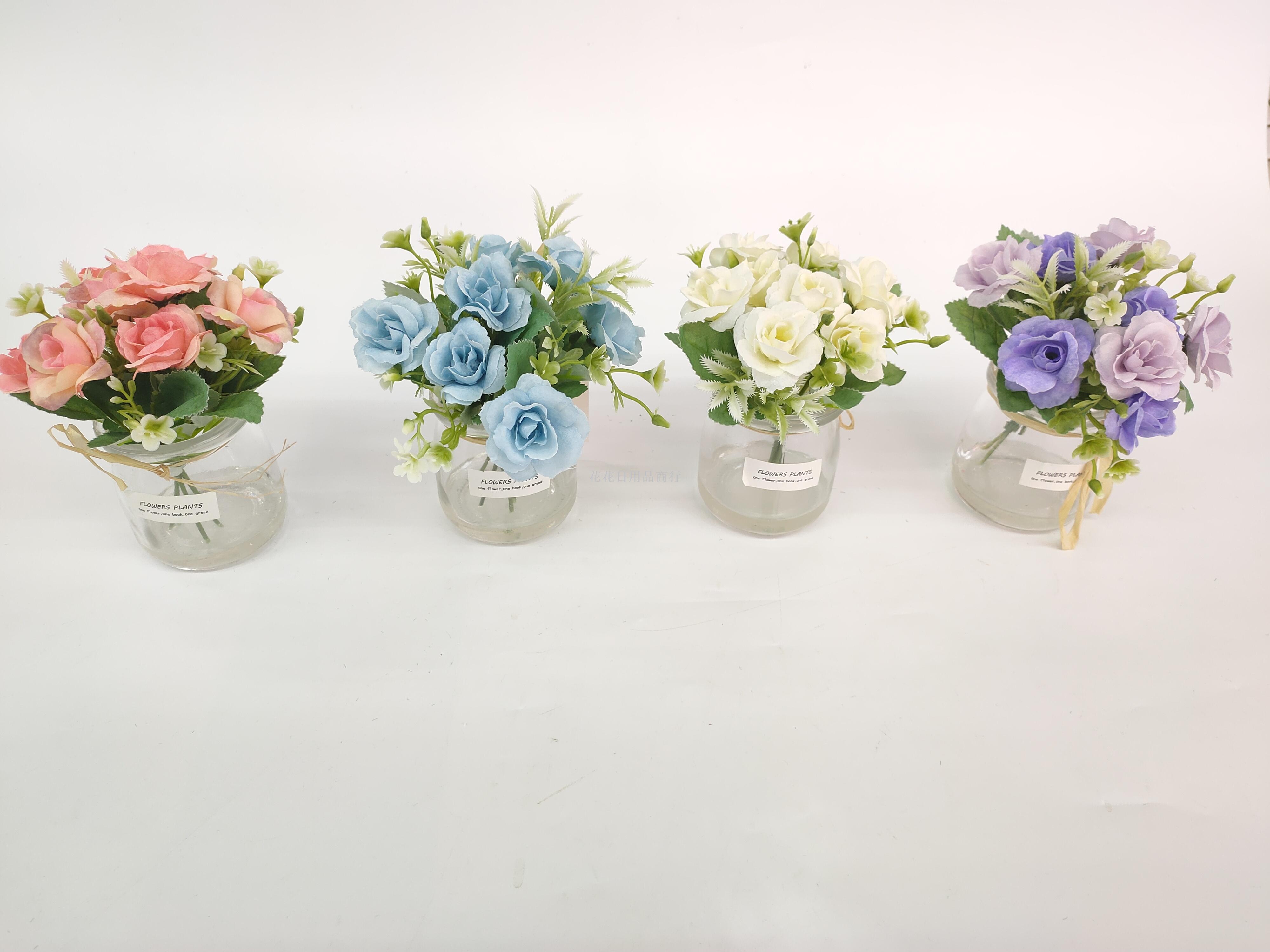 新款玻璃瓶玫瑰花仿真花盆景欧式家居装饰假花绢花