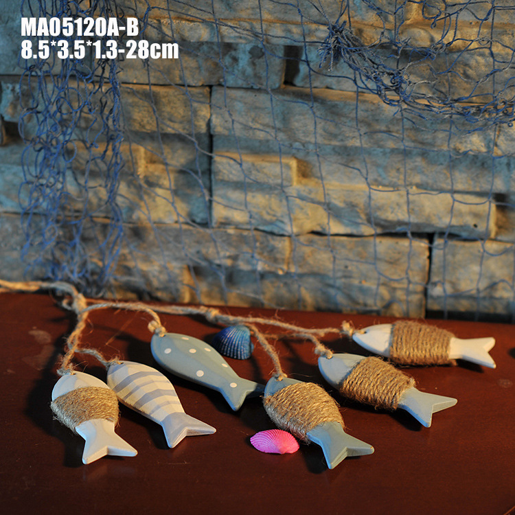促销新品小鱼串 木制鱼 窗帘装饰 渔网背景装饰 海洋挂件 MA05120