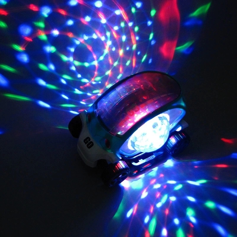 The street stall night market is selling 360-degree rotating cool music cartoon tricycles, 3D lighting toy cars and electric omnidirectional vehicles full figure