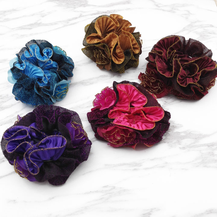 A3647 Korean yarn three gold flower hair bands, thick hair ties, hair accessories, hair flowers, updo, 2-yuan store accessories wholesale details Picture