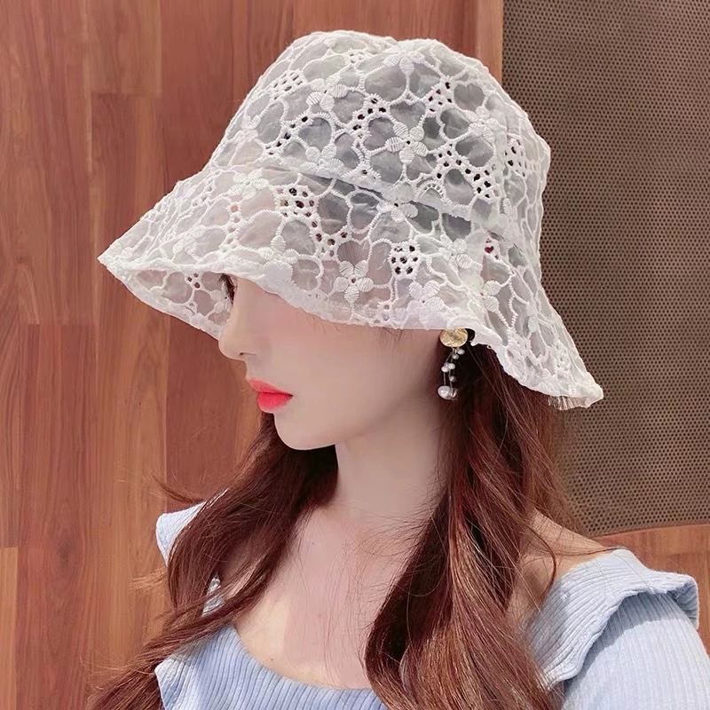 New Korean lace basin hat with hollowed-out hooks, organ-gauze white fairy hat for posing and taking photos, fisherman's hat for summer full figure