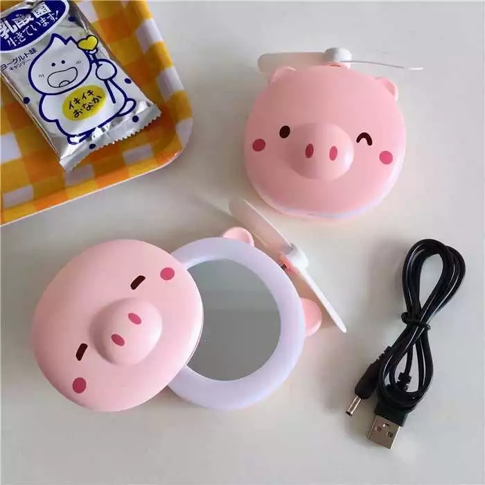 New factory direct sales piggy LED light beauty mirror pocket fan ~ Rechargeable mini makeup mirror mini fan is amazing Specification drawing