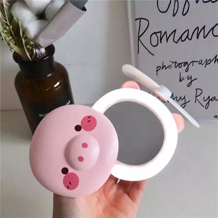 New factory direct sales piggy LED light beauty mirror pocket fan ~ Rechargeable mini makeup mirror mini fan is amazing full figure