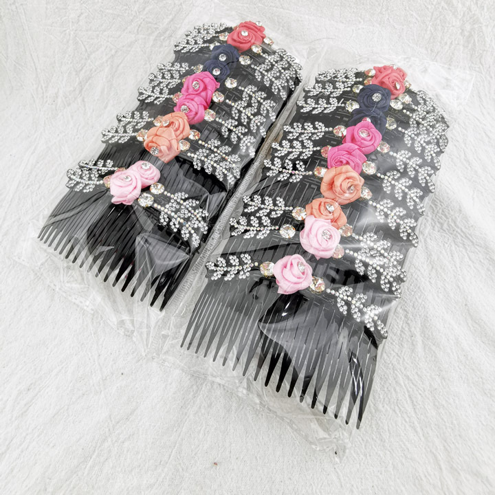 A2816 rose flower dot diamond fork hair comb, fork hair comb accessory, 2-yuan store, 2-yuan street stall, night market supply in Yiwu details Picture