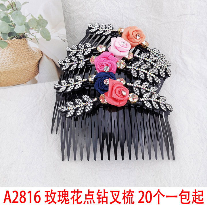 A2816 rose flower dot diamond fork hair comb, fork hair comb accessory, 2-yuan store, 2-yuan street stall, night market supply in Yiwu