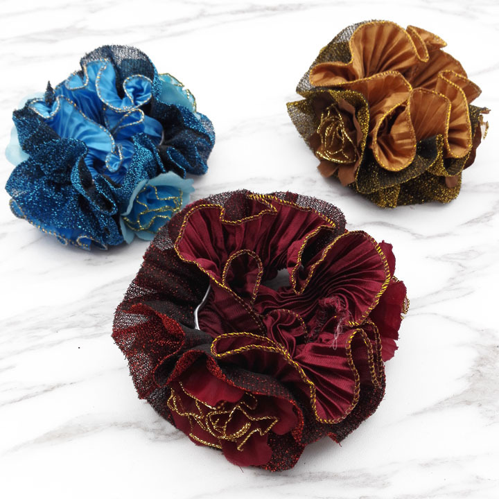 A3647 Korean yarn three gold flower hair bands, thick hair ties, hair accessories, hair flowers, updo, 2-yuan store accessories wholesale Specification image