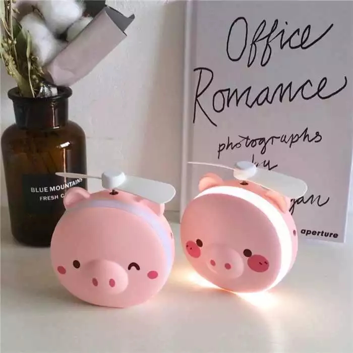 New factory direct sales piggy LED light beauty mirror pocket fan ~ Rechargeable mini makeup mirror mini fan is amazing details Picture